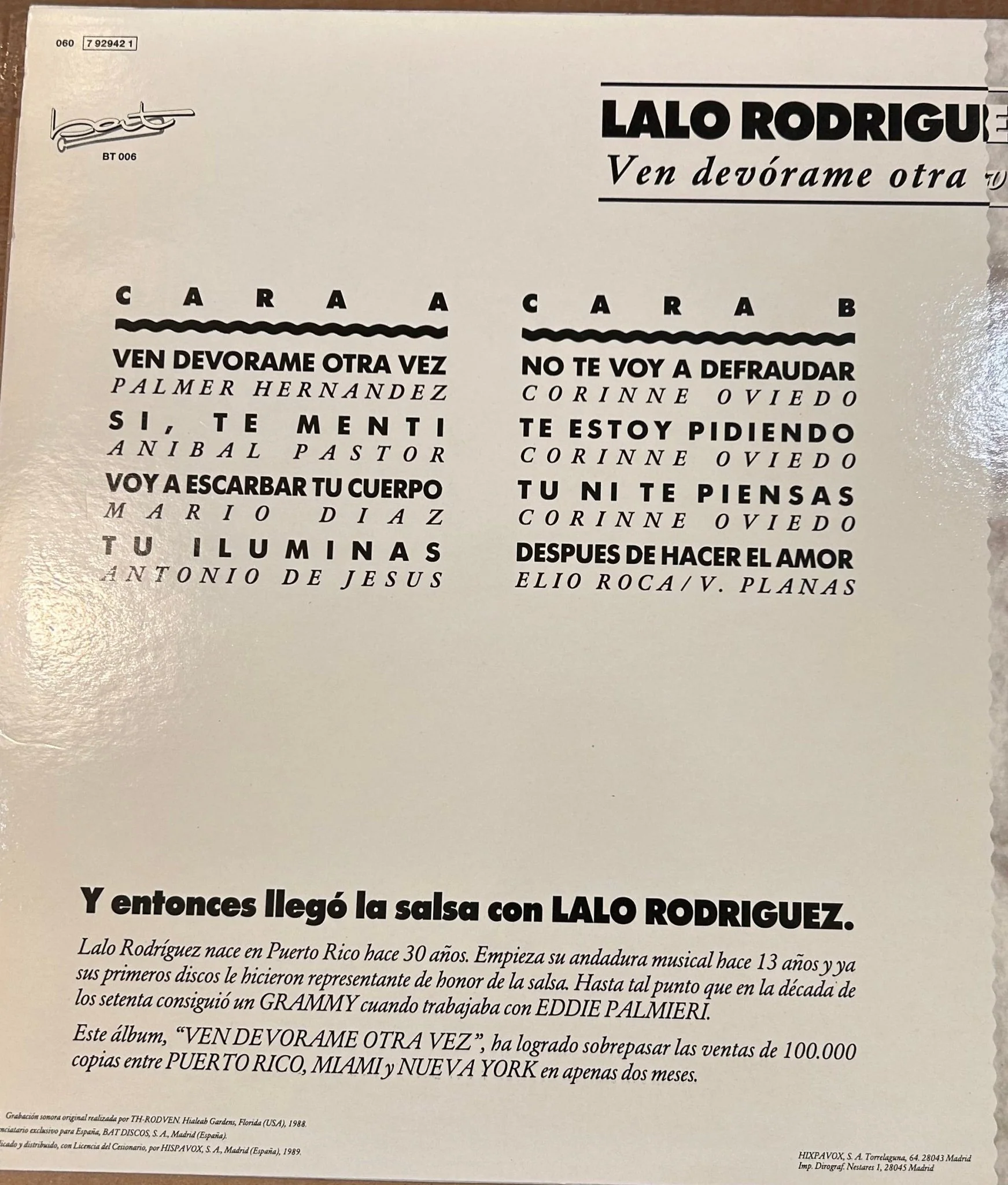LP Lalo Rodriguez ‎– Ven Devórame Otra Vez 2ª Mano (Producto exclusivo recogida en tienda) - Image 2