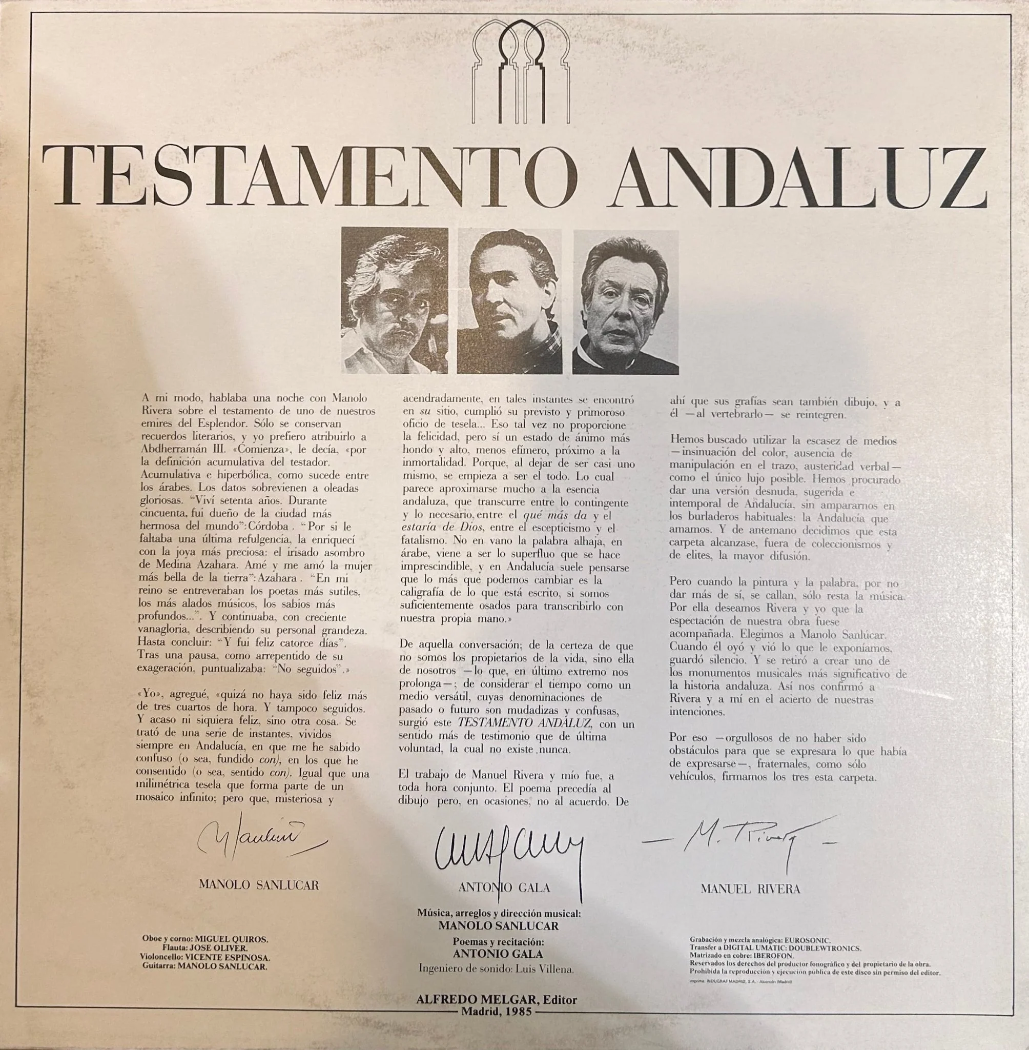 LP Manolo Sanlúcar, Antonio Gala, Manuel Rivera – Testamento Andaluz 2ª Mano - Image 2