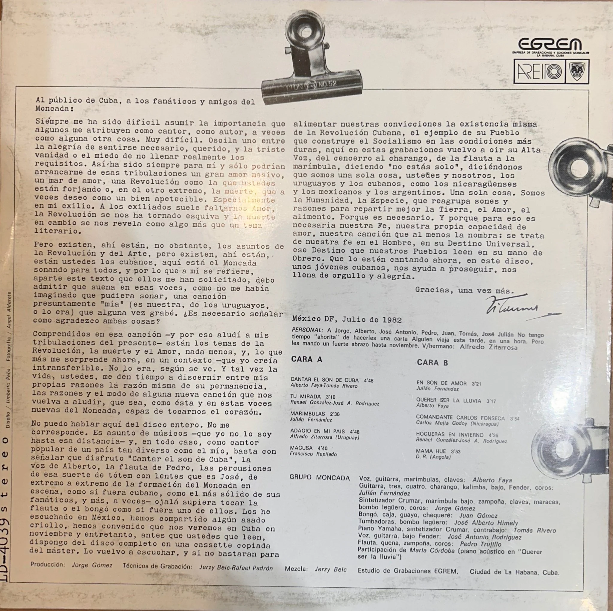 LP Grupo Moncada ‎– Cantar El Son De Cuba 2ª Mano - Image 2