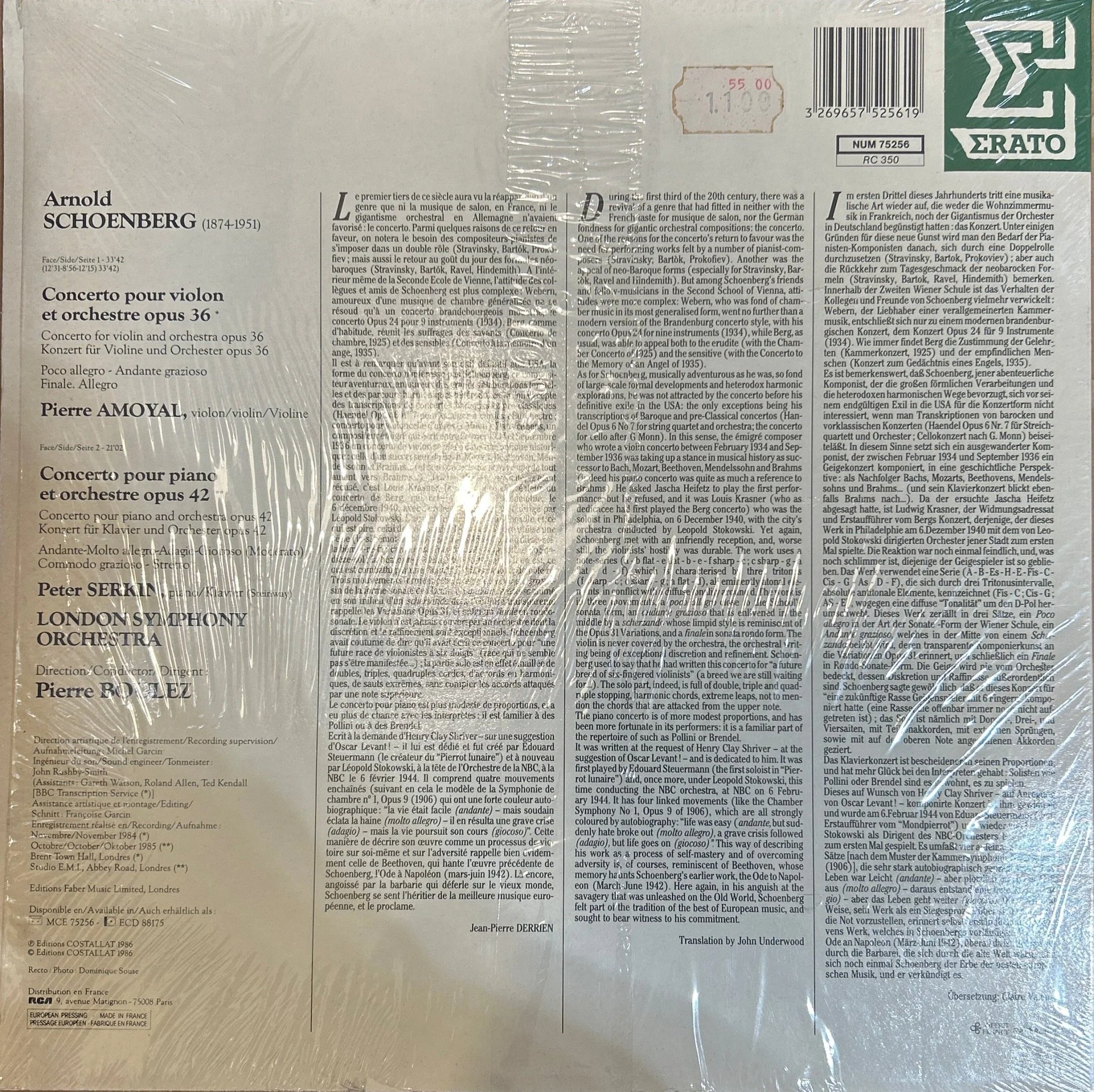 LP Schœnberg - Pierre Amoyal, Peter Serkin, London Symphony Orchestra, Pierre Boulez ‎– Concerto Pour Violon Op.36 / Concerto Pour Piano Op.42 2ª Mano - Image 2