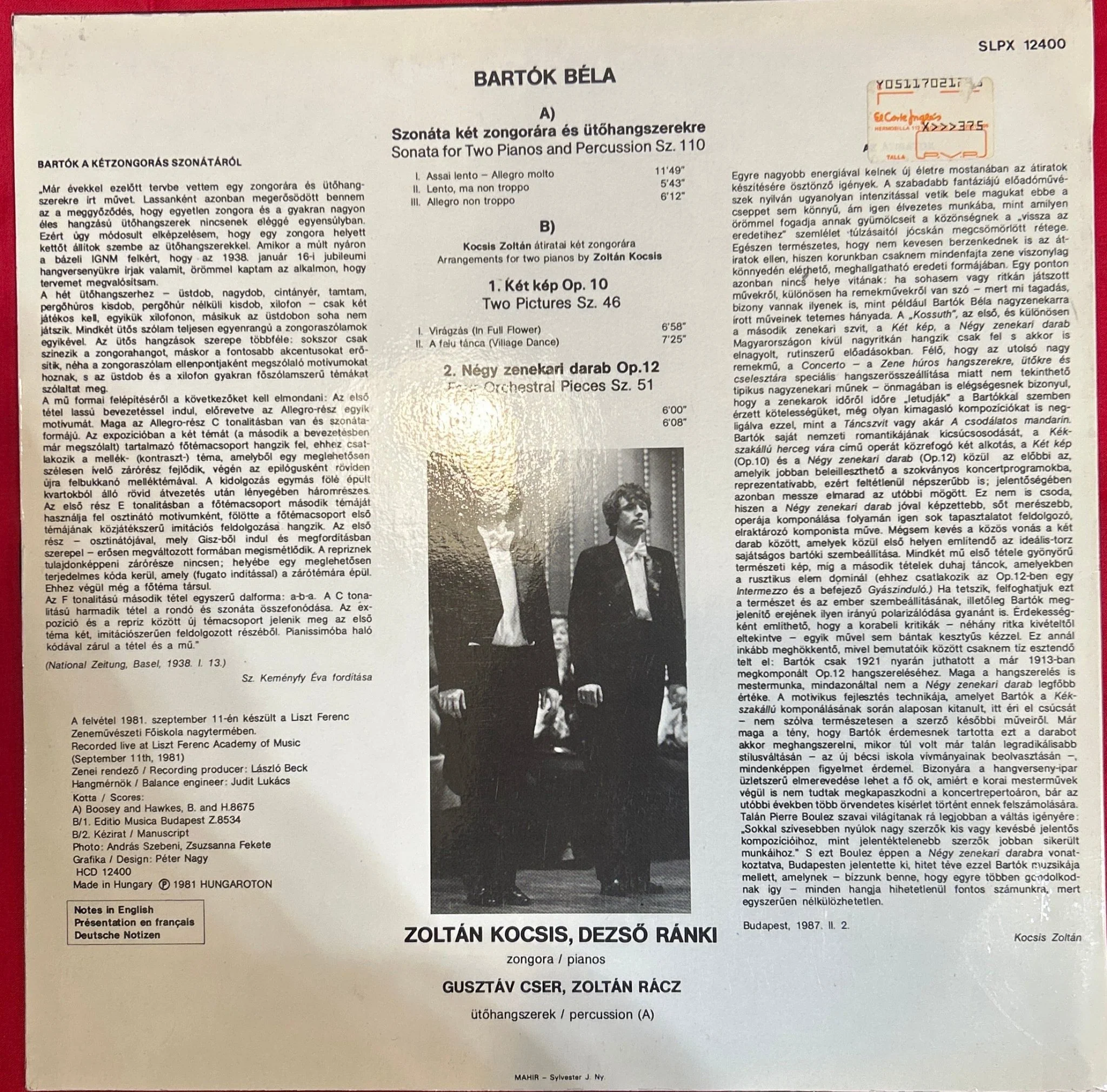 LP  Zoltán Kocsis ‎– Bartók: Sonata For Two Pianos And Percussion Etc.2ª Mano - Image 2