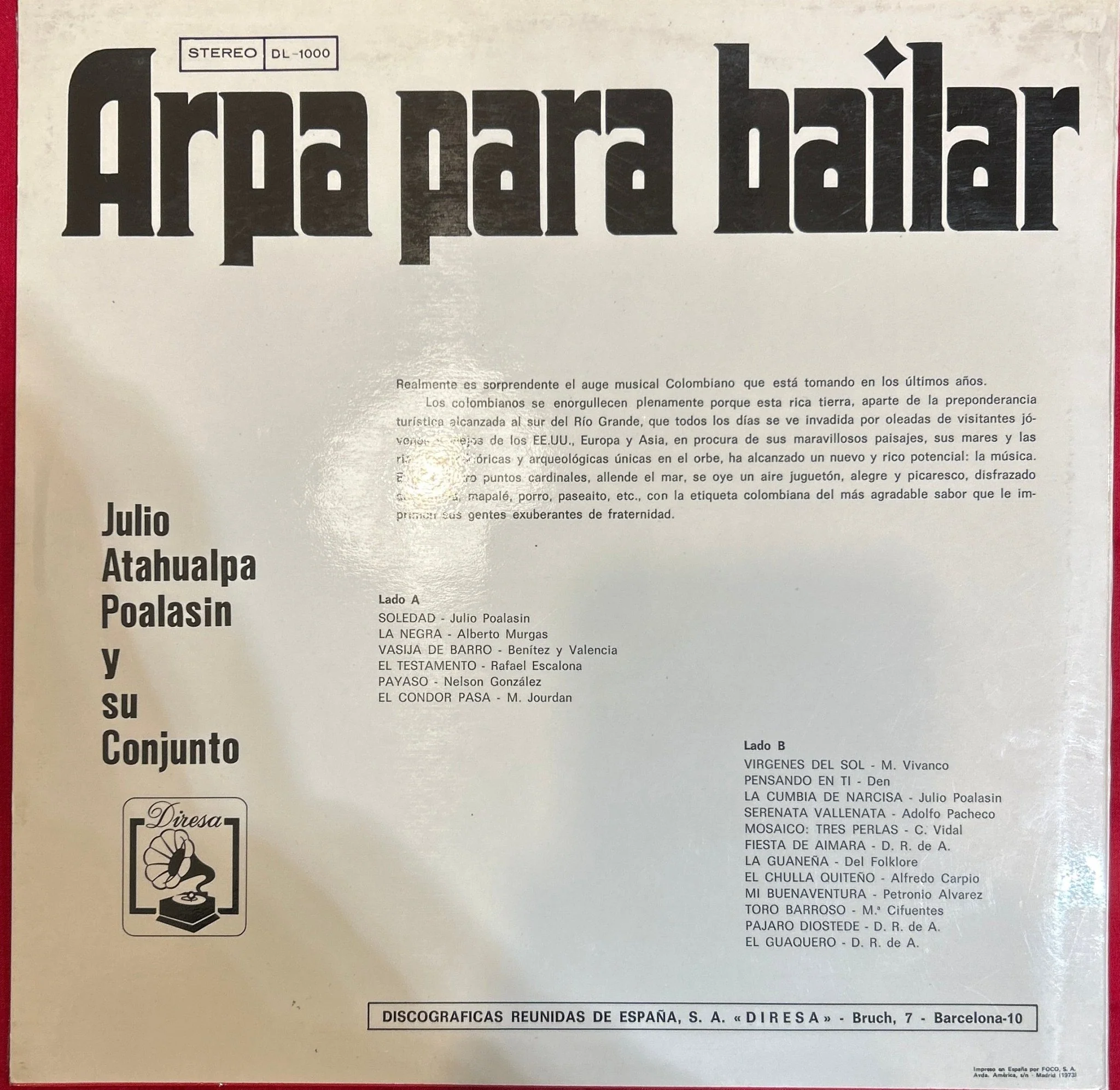 LP Julio Atahualpa Poalasin Y Su Conjunto ‎– Arpa Para Bailar 2ª Mano - Image 2