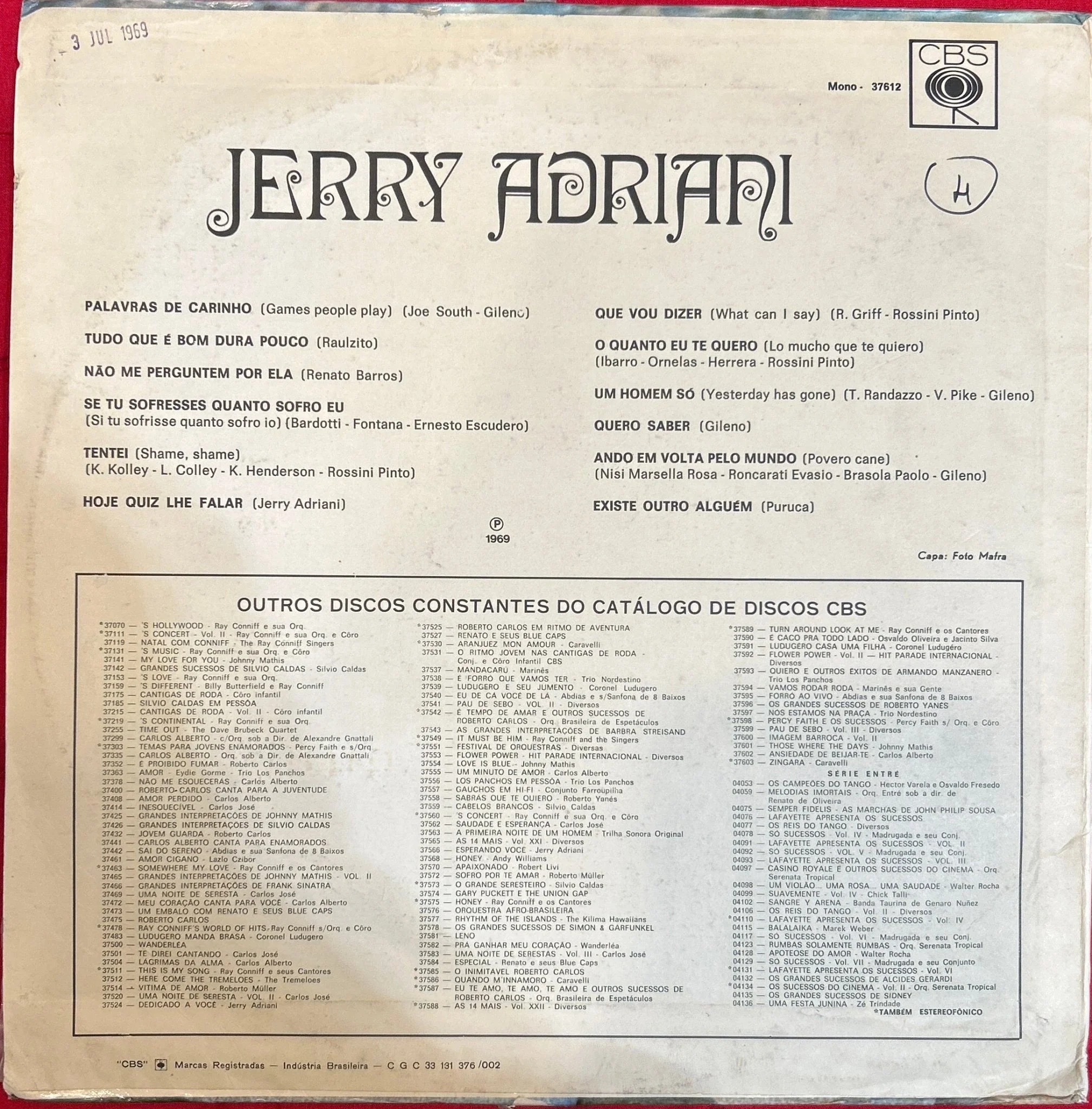 LP Jerry Adriani ‎– Jerry Adriani Ed. Brasileña 2ª Mano - Image 2
