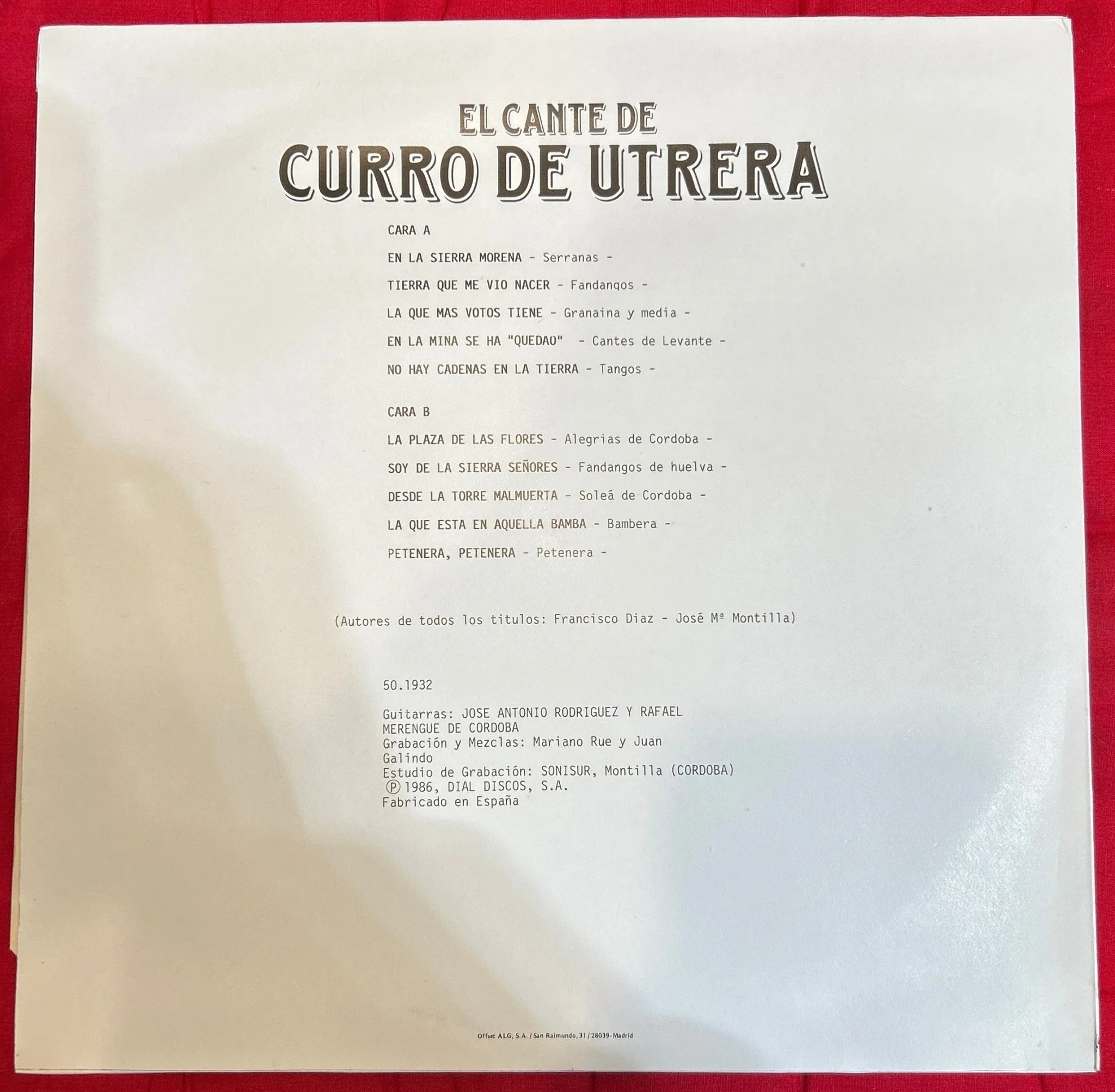 LP Curro De Utrera Guitarras: J. A. Rodríguez Y Merengue De Cordoba ‎– El Cante De Curro De Utrera 2ª Mano - Image 2