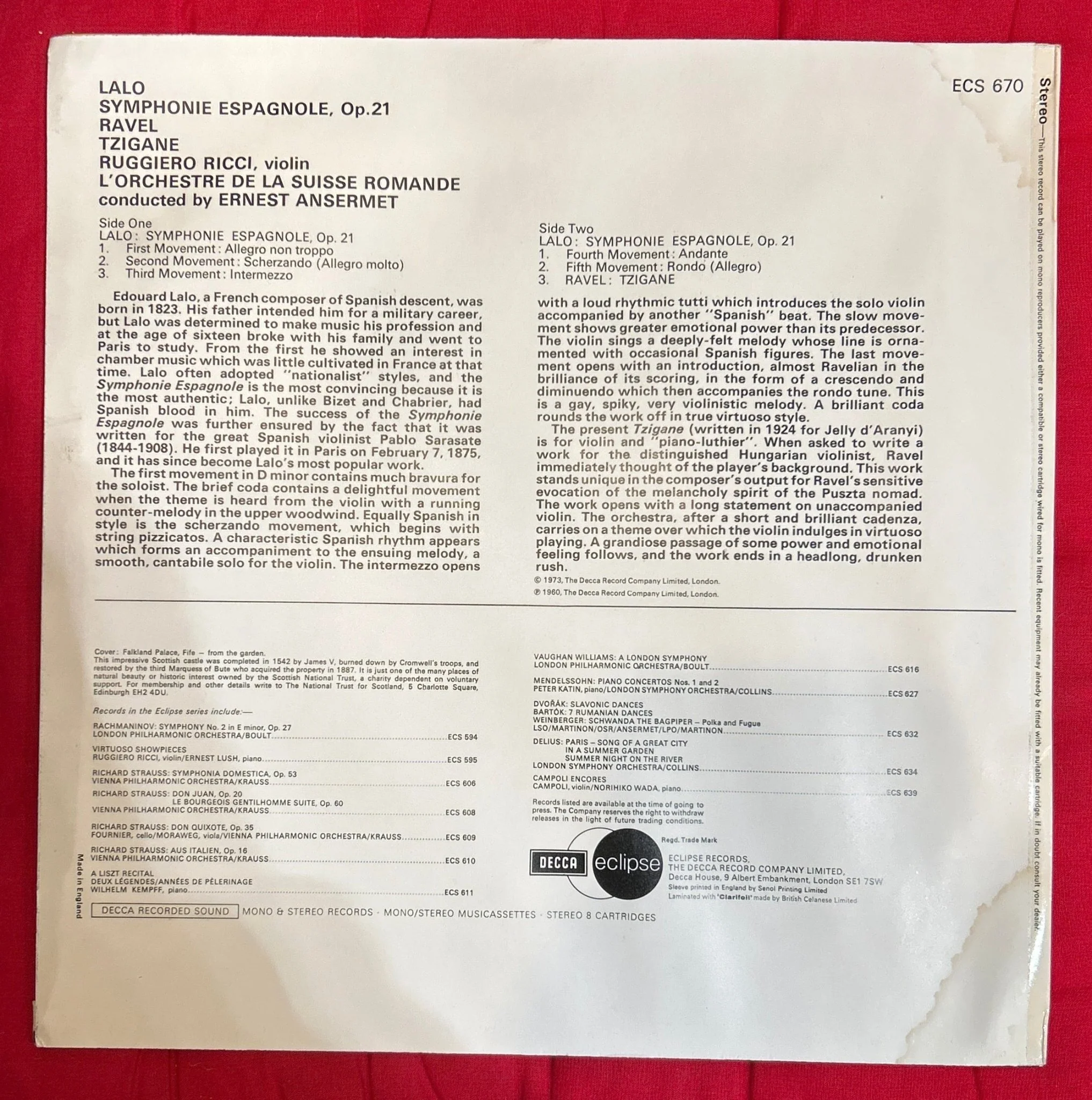 LP Lalo*, Ravel*, Ruggiero Ricci, Ernest Ansermet, L'Orchestre De La Suisse Romande ‎– Symphonie Espagnole / Tzigane 2ª Mano - Image 2