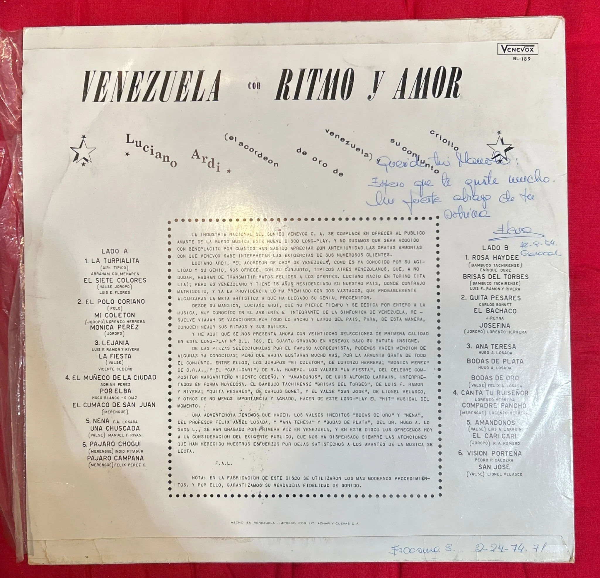 LP Luciano Ardi Y Su Conjunto Criollo ‎– Venezuela Con Ritmo Y Amor 2ª Mano - Image 2