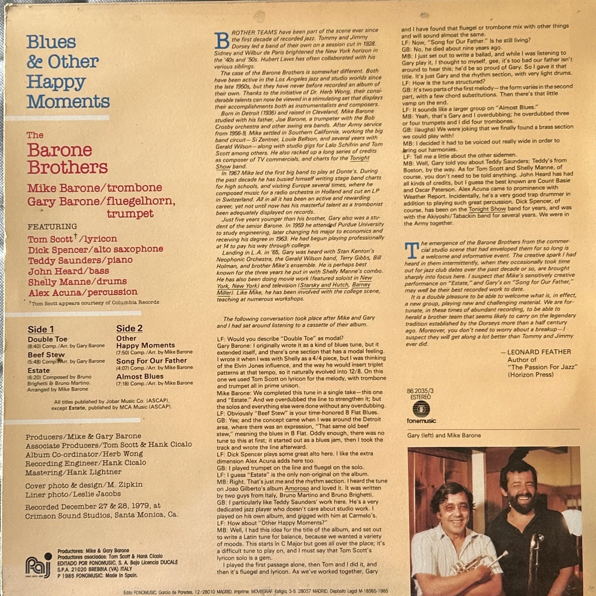 LP The Barone Brothers ‎– Blues & Other Happy Moments 2ª Mano - Image 2