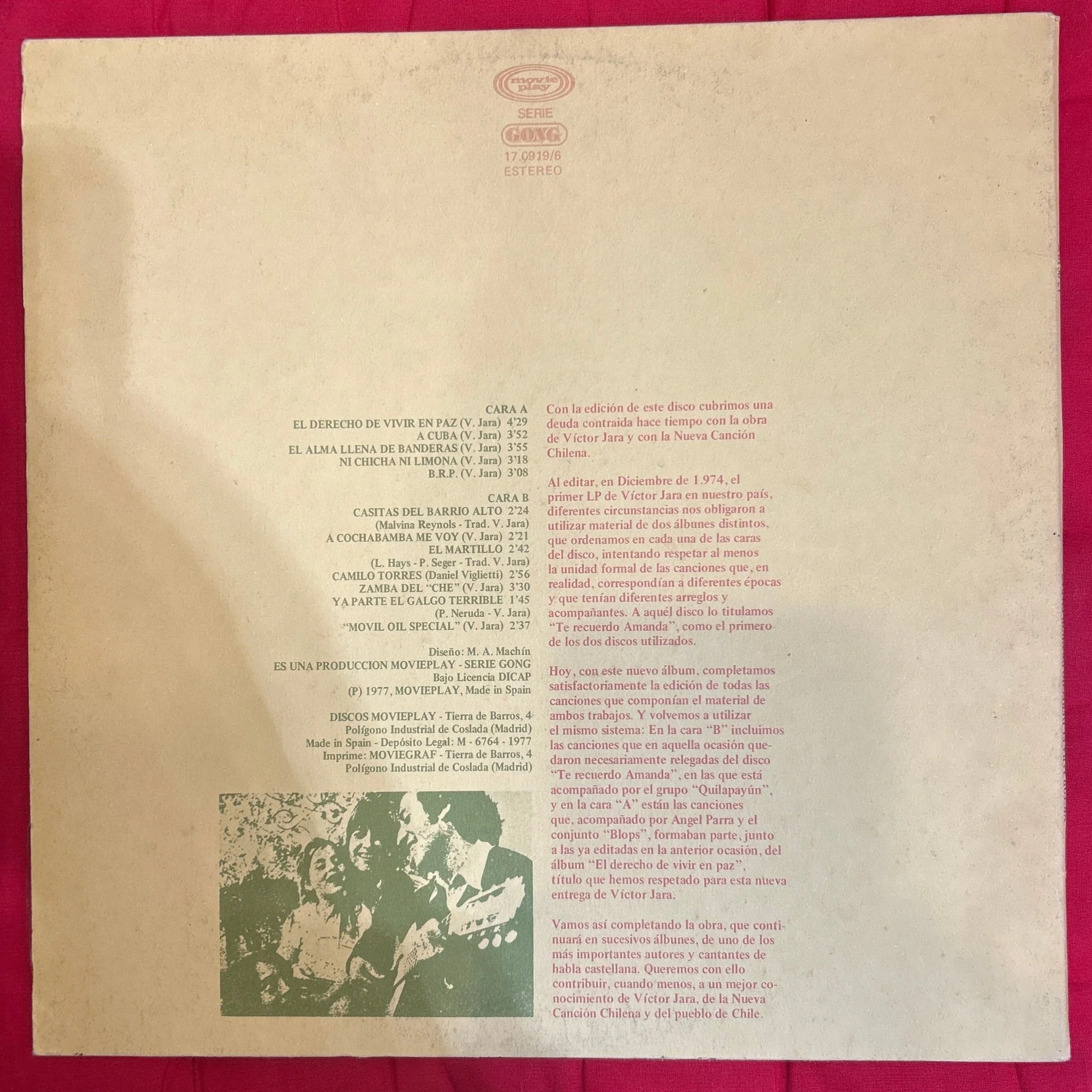 LP Victor Jara ‎– El Derecho De Vivir En Paz 2ª Mano - Image 2