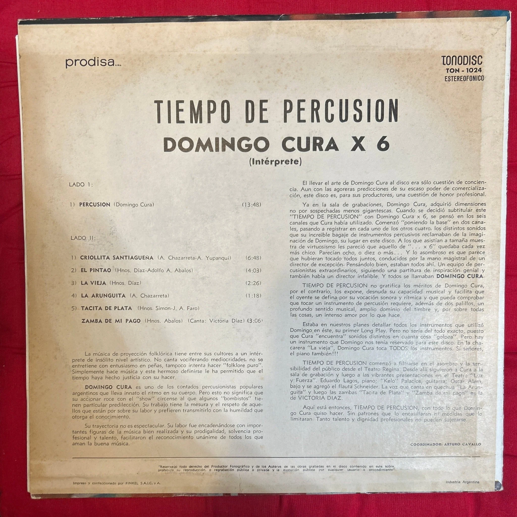 LP Domingo Cura x 6 ‎– Tiempo De Percusion 2ª Mano - Image 2