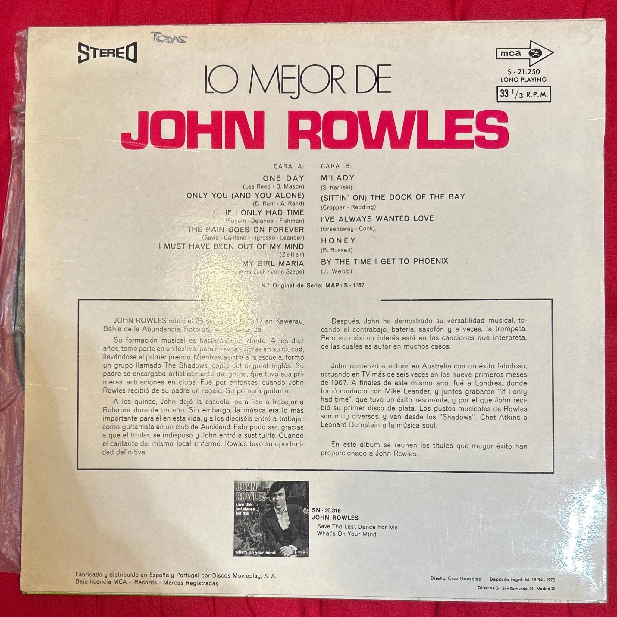 LP John Rowles ‎– Lo Mejor De John Rowles 2ª mano (Producto exclusivo recogida en tienda) - Image 2