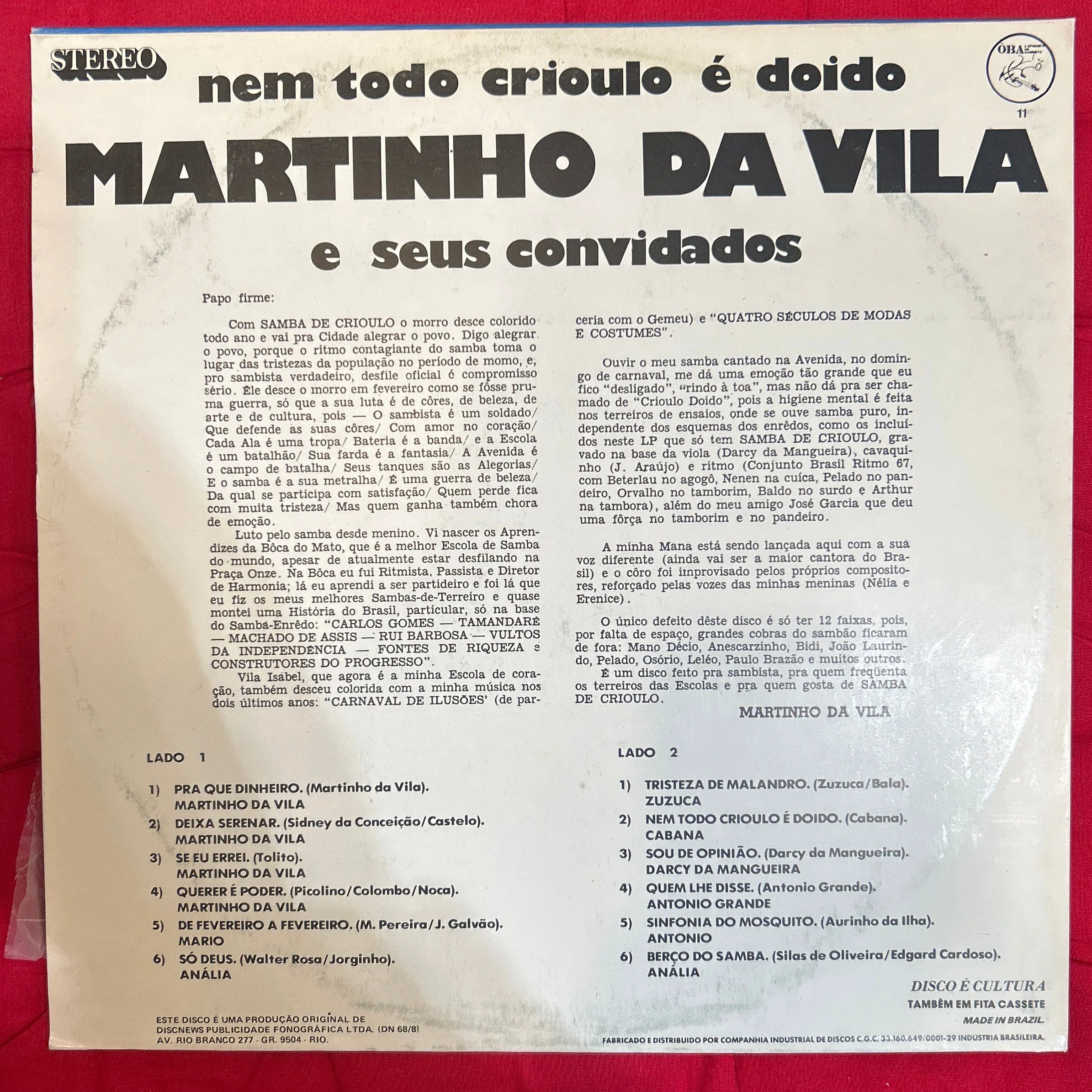 LP Martinho Da Vila E Seus Convidados Antônio Grande, Darcy da Mangueira, Zuzuca, Anália ‎– Nem Todo Crioulo É Doido 2ª Mano - Image 2
