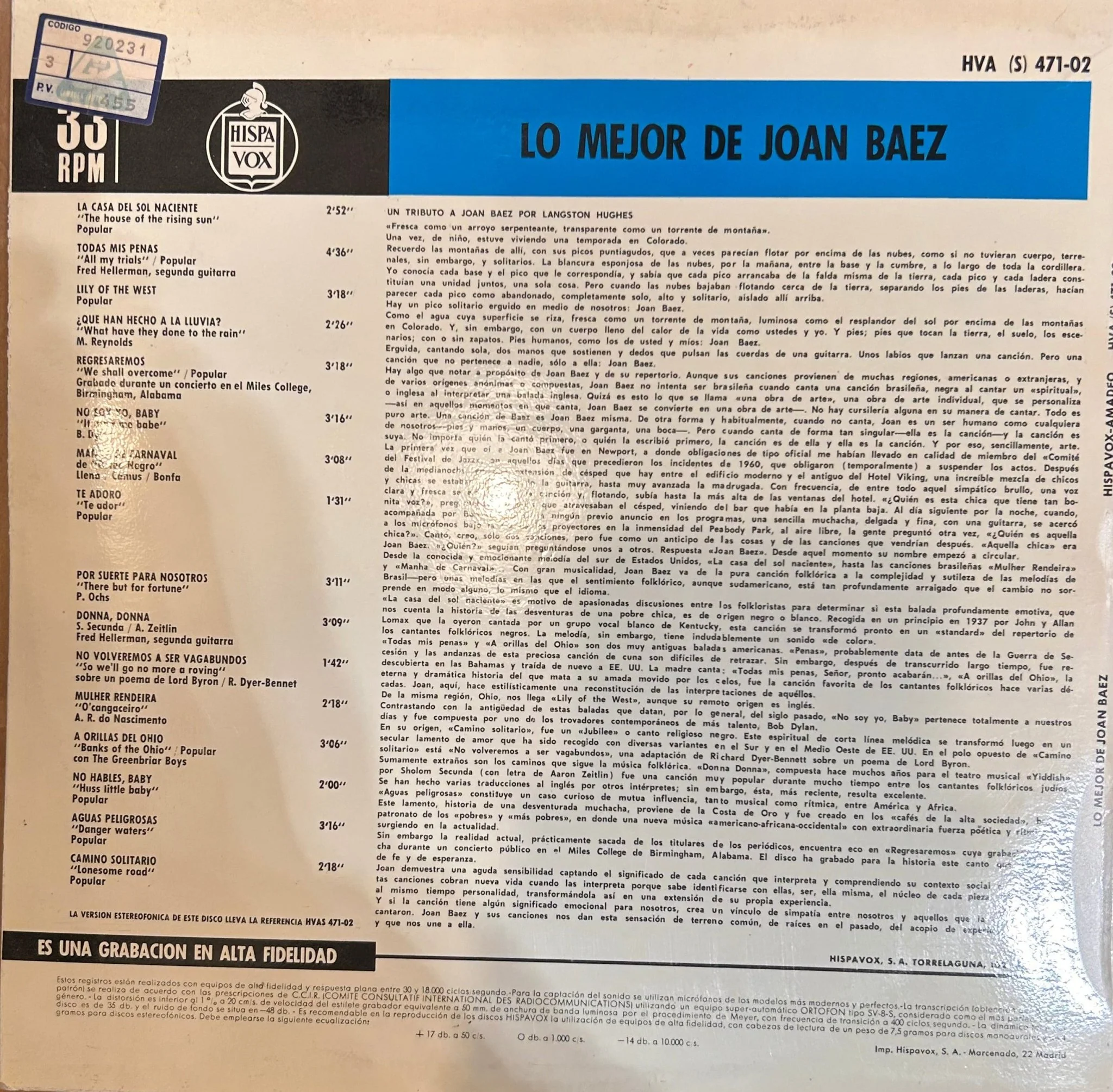 LP Joan Baez ‎– Lo Mejor De Joan Baez 2ª Mano (Producto exclusivo recogida en tienda) - Image 2
