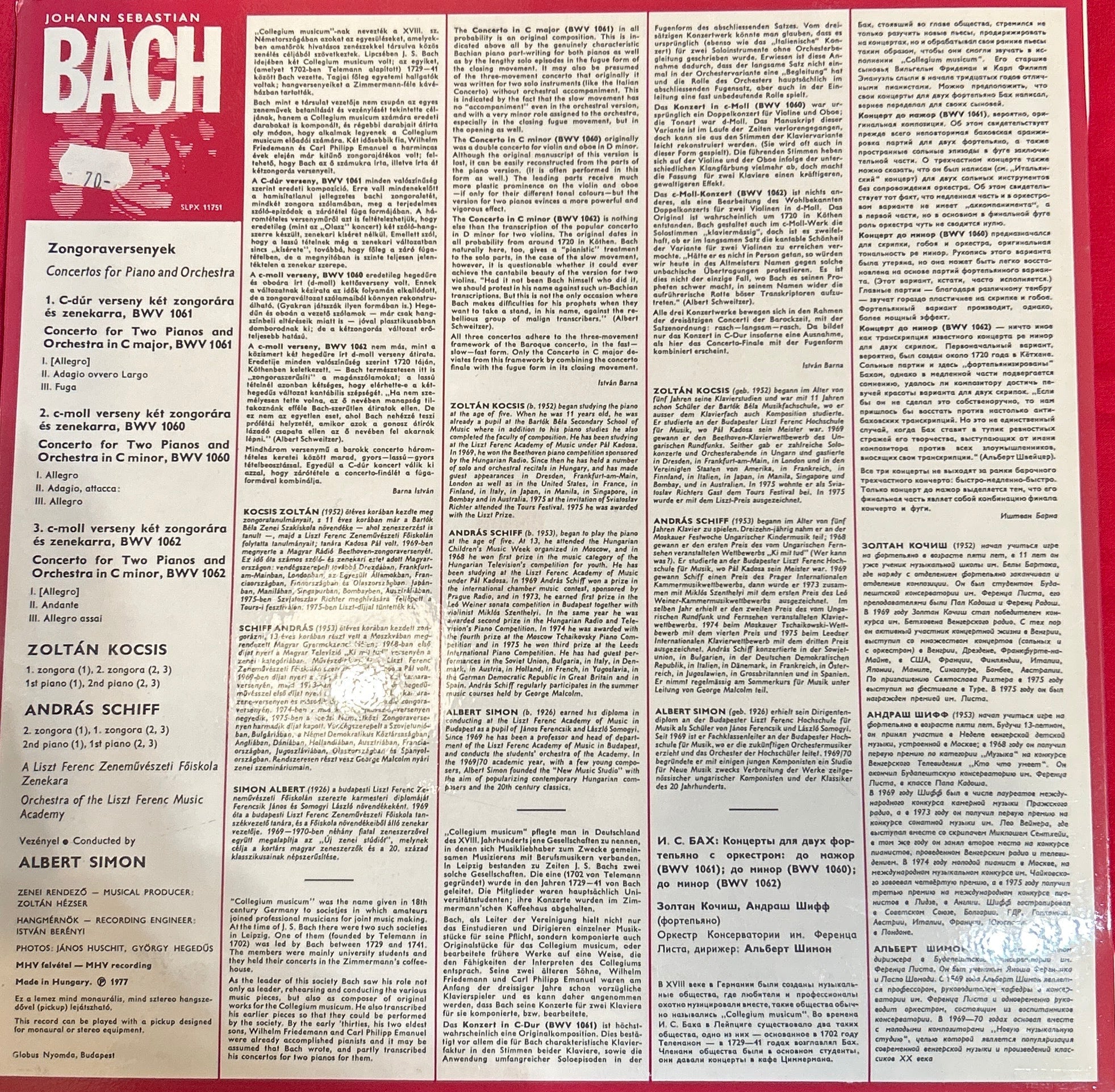 LP Bach - Zoltán Kocsis, András Schiff, Orchestra Of The Liszt Ferenc Music Academy Conducted by Albert Simon – Piano Concertos 2ª Mano - Image 2