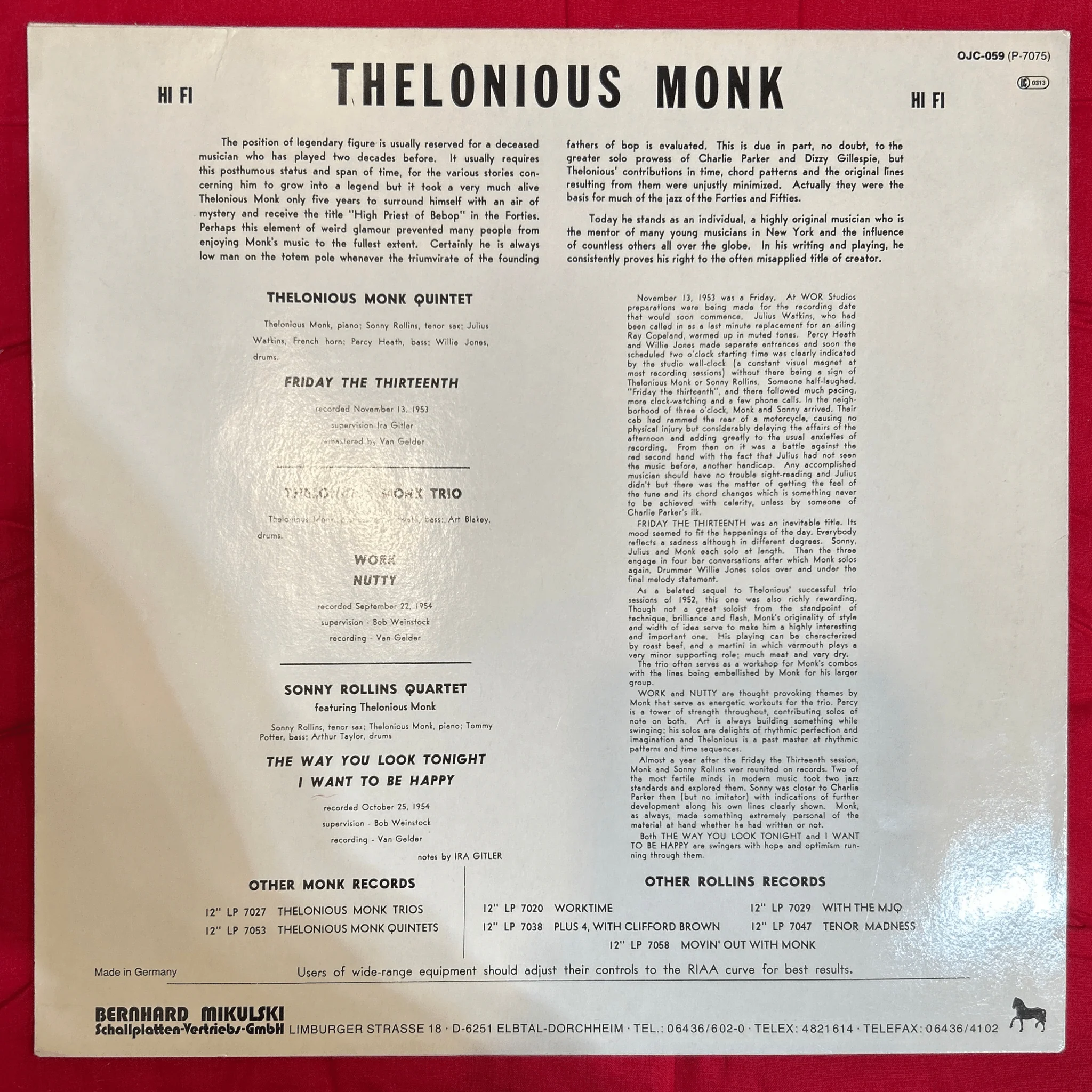 LP Thelonious Monk / Sonny Rollins ‎– Thelonious Monk / Sonny Rollins  Ed. Alemana 2ª Mano - Image 2