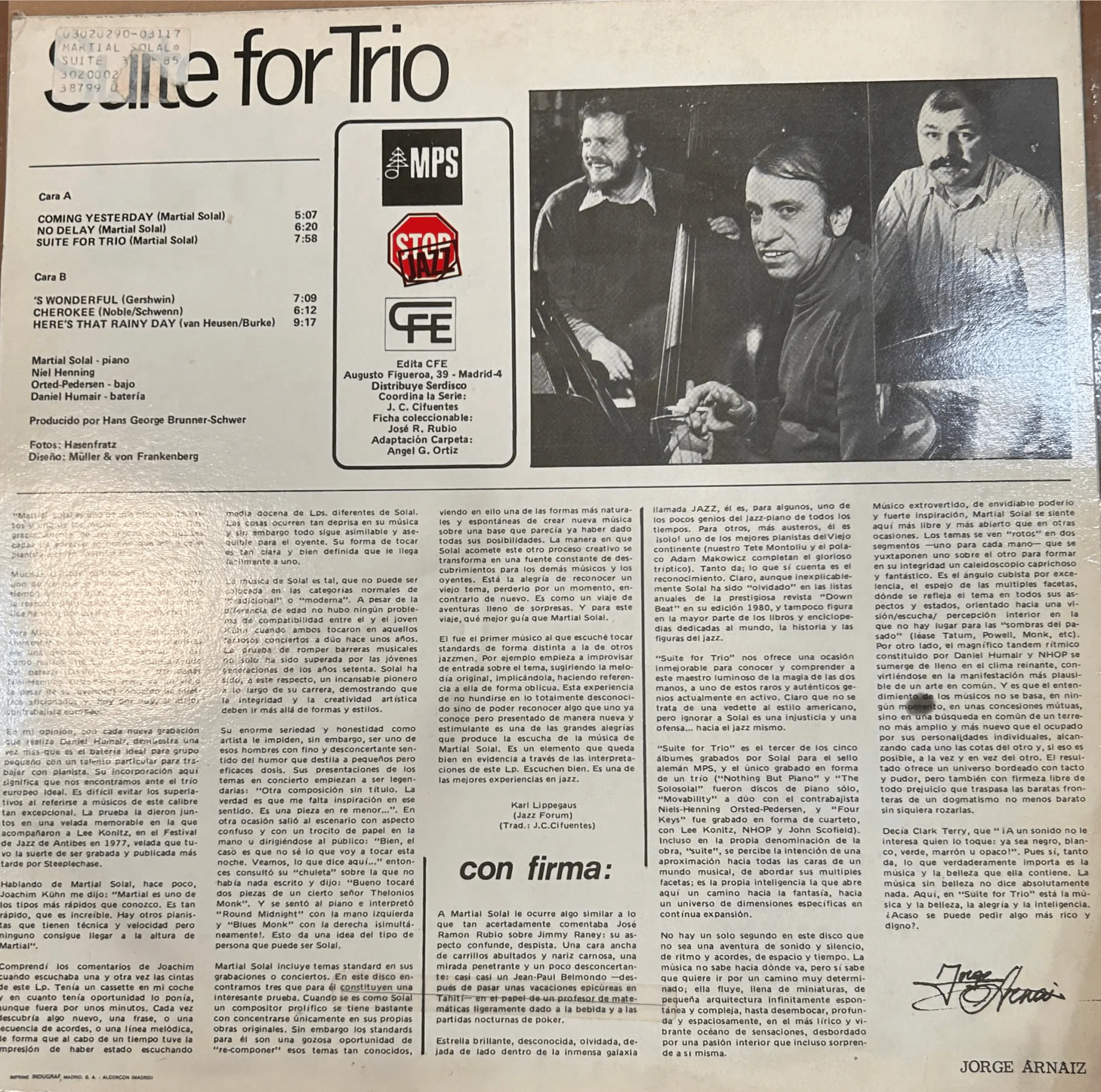LP Martial Solal, Niels-Henning Ørsted Pedersen, Daniel Humair ‎– Suite For Trio 2ª Mano - Image 2