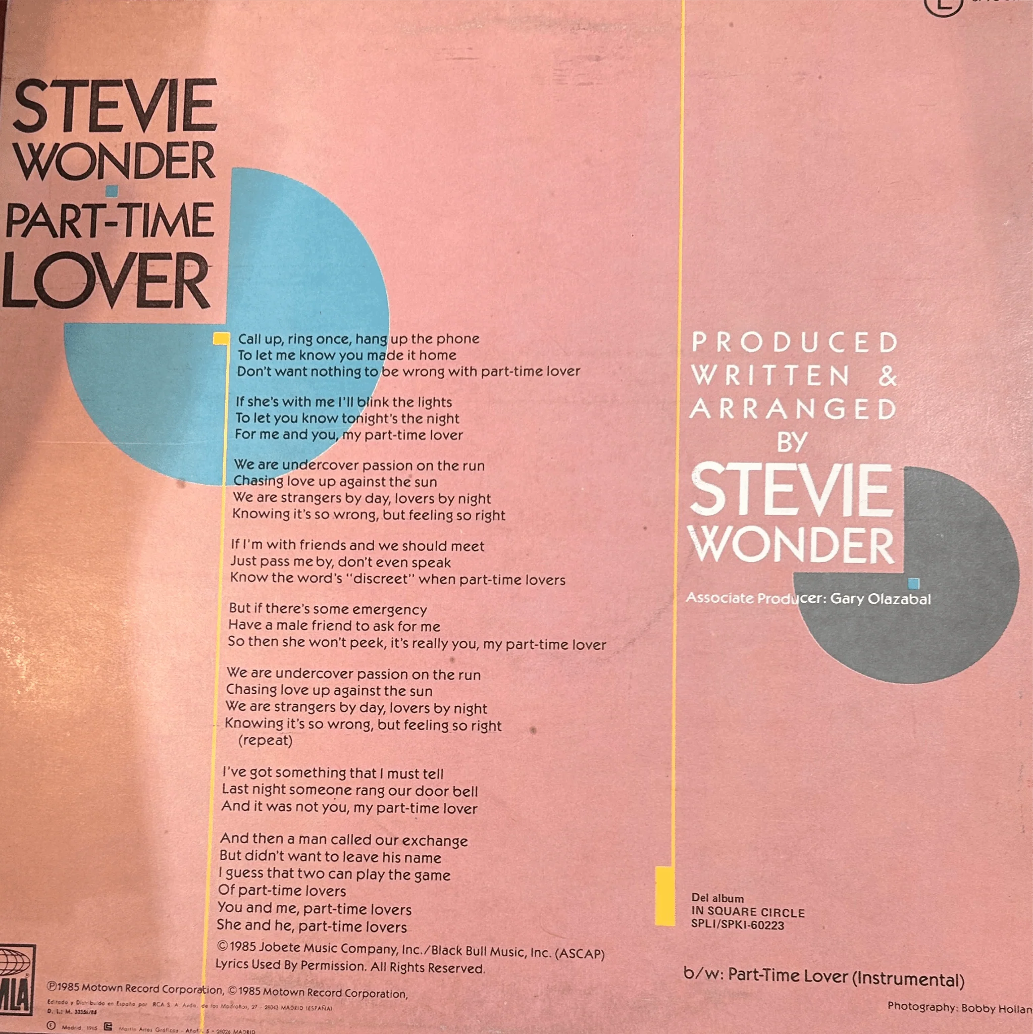 MAXISINGLE Stevie Wonder ‎– Part-Time Lover = Amante A Medias 2ª Mano - Image 2