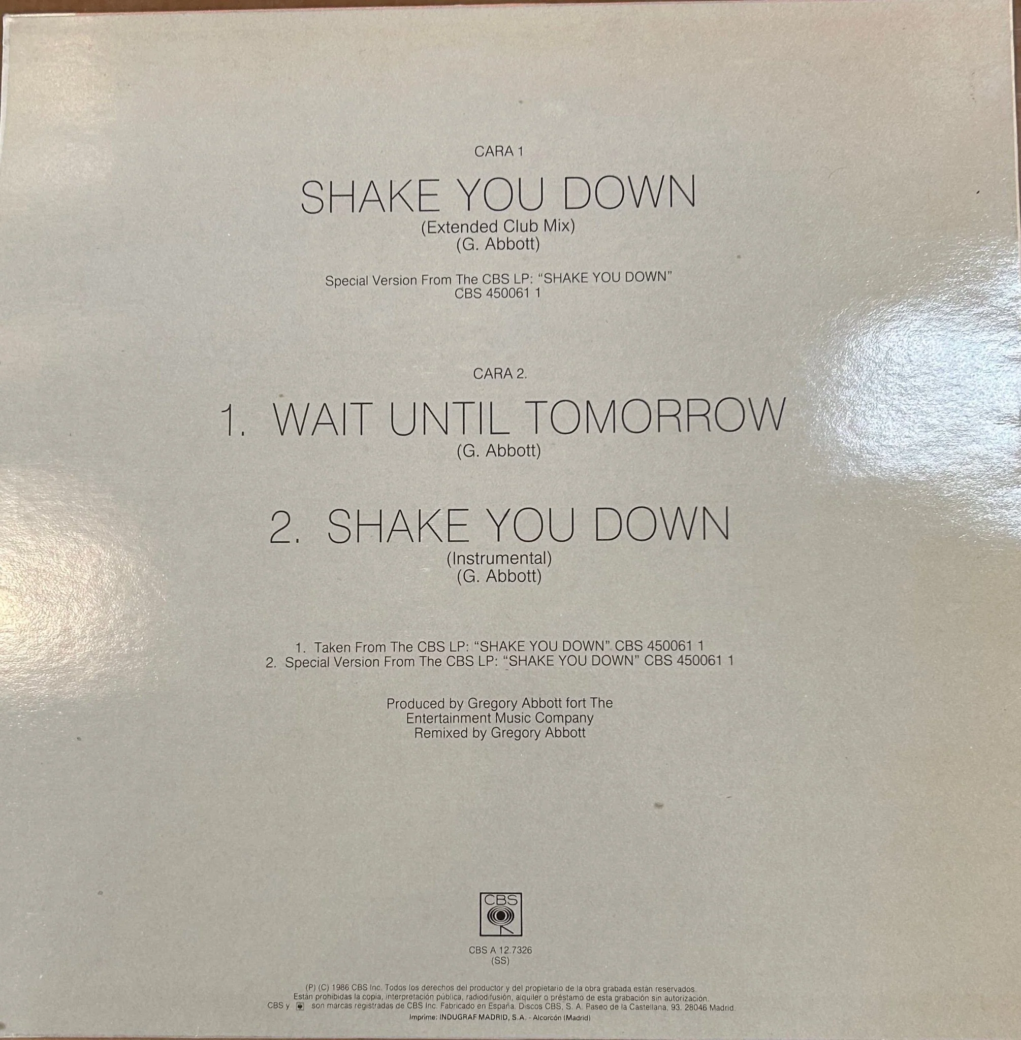 MAXISINGLE Gregory Abbott ‎– Shake You Down 2ª Mano (Producto exclusivo recogida en tienda) - Image 2
