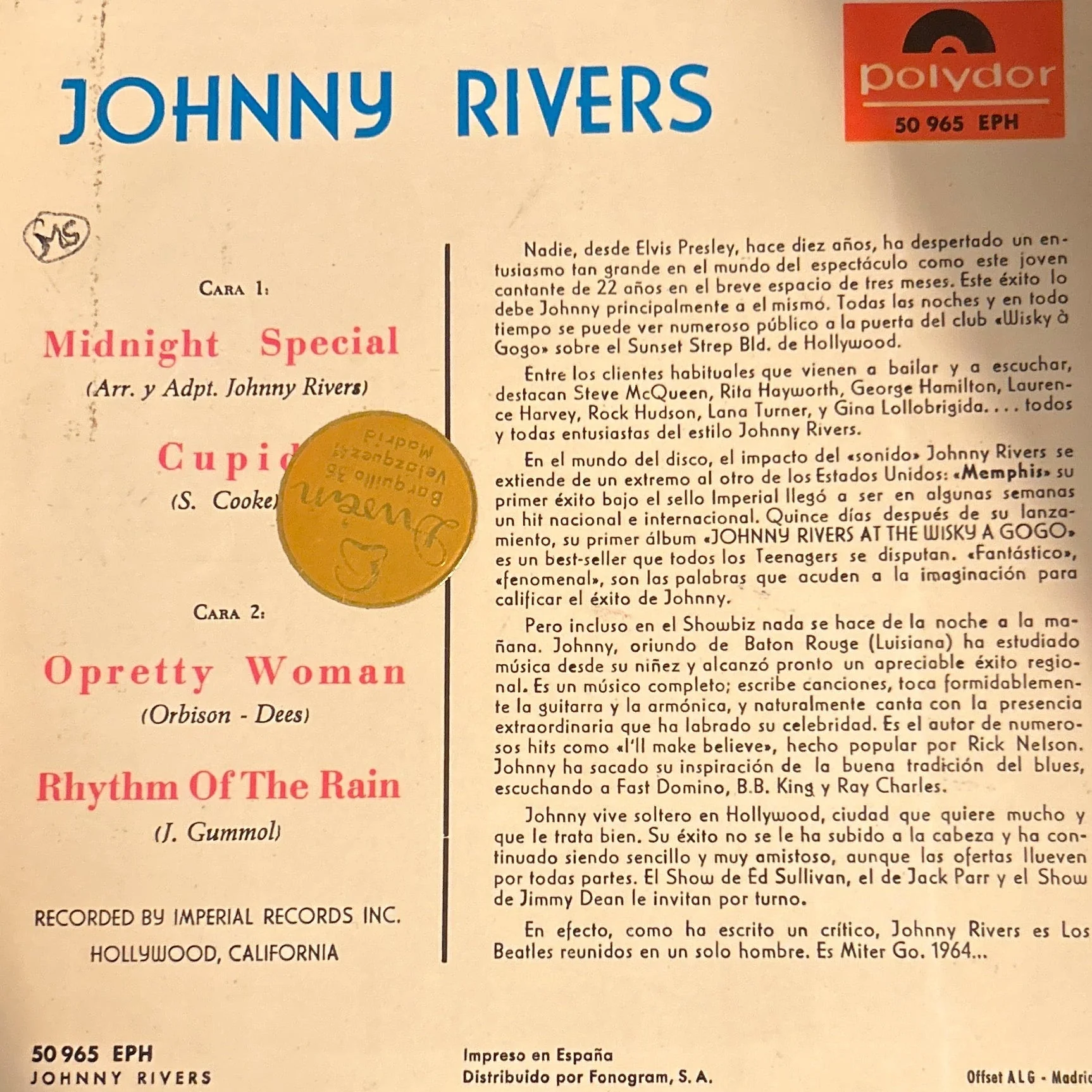 SINGLE Johnny Rivers ‎– Midnight Special 2ª Mano - Image 2