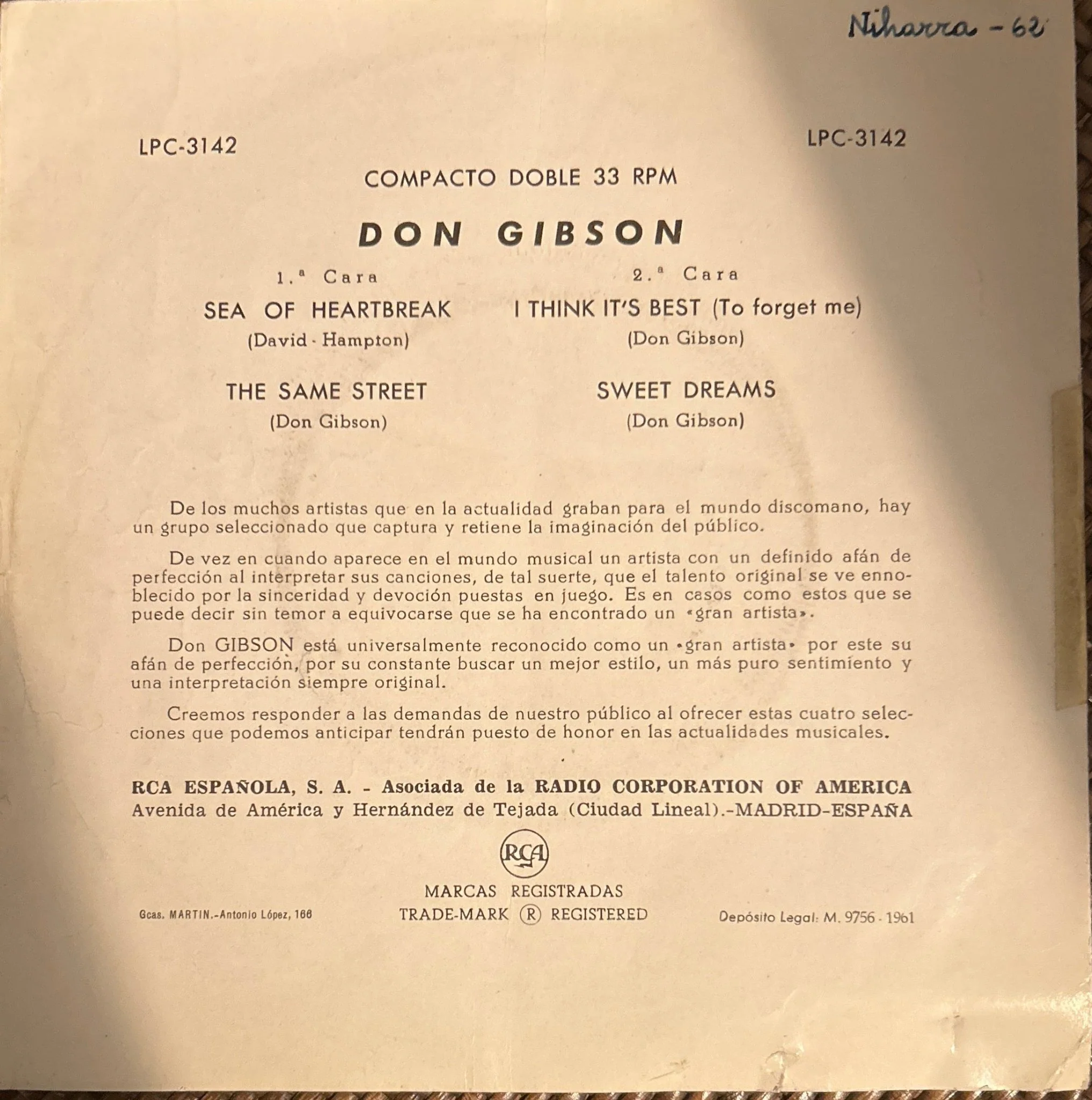SINGLE Don Gibson ‎– Sea Of Heartbreak 2ª Mano - Image 2