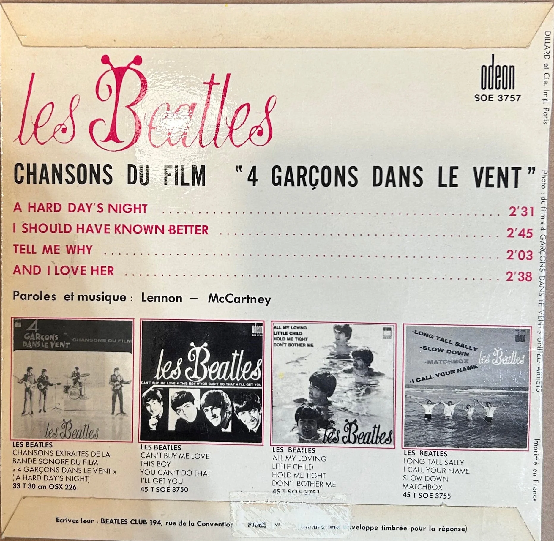 SINGLE Les Beatles* ‎– Chansons Du Film "4 Garçons Dans Le Vent" 2ª Mano - Image 2
