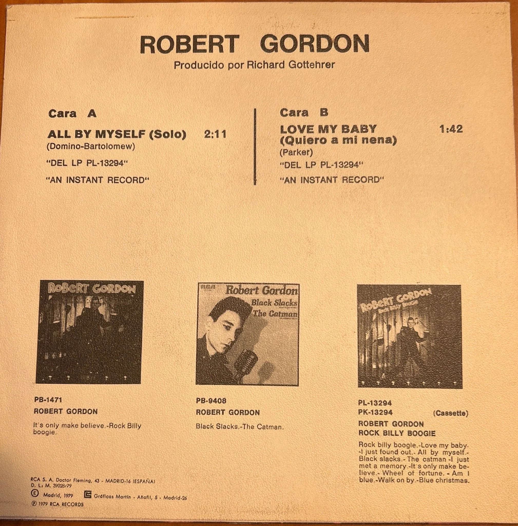 SINGLE Robert Gordon ‎– All By Myself = Solo) / Love My Baby = Quiero A Mi Nena 2ª Mano - Image 2