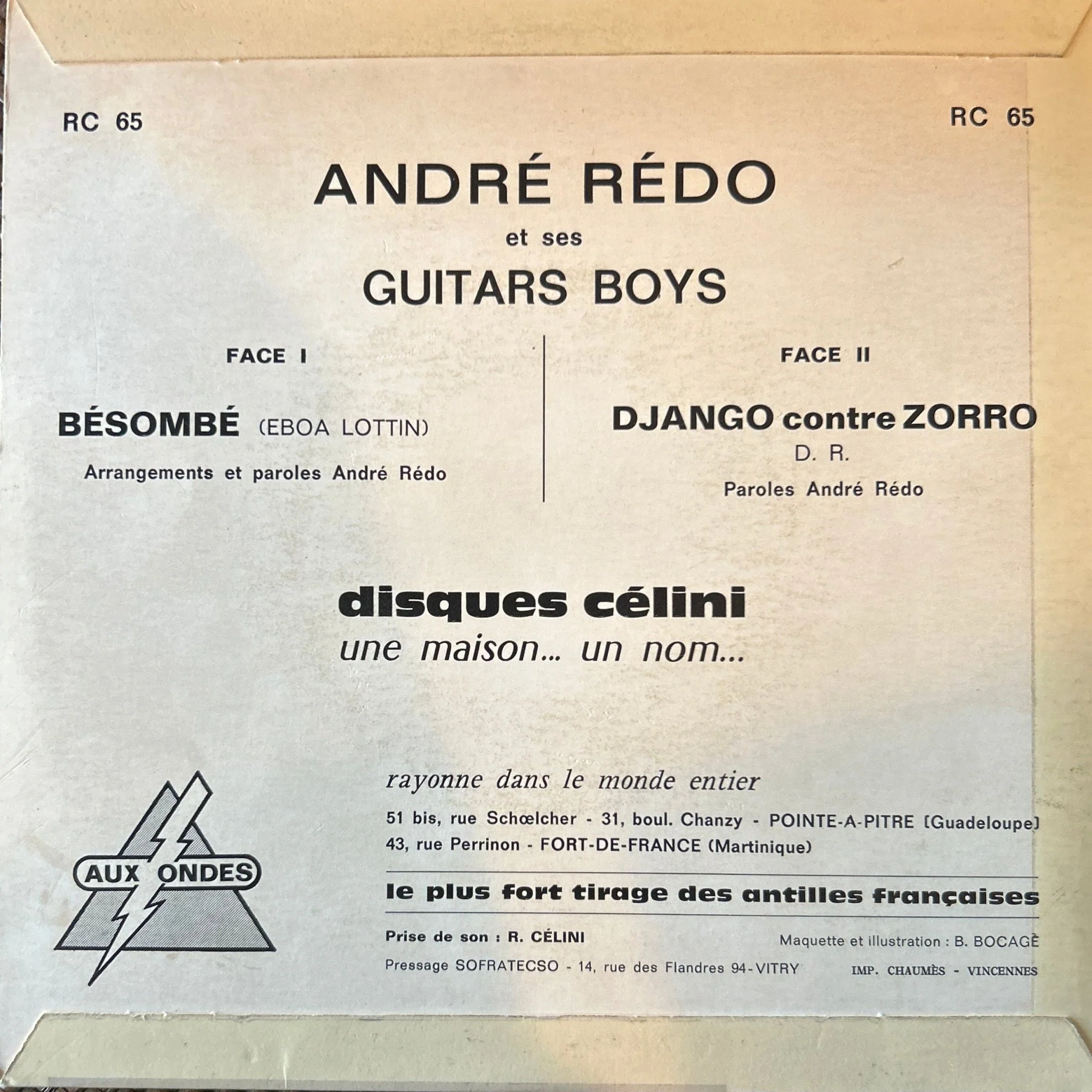 SINGLE André Rédo Et Ses Guitar Boys* ‎– Bésombé / Django Contre Zorro 2ª Mano - Image 2