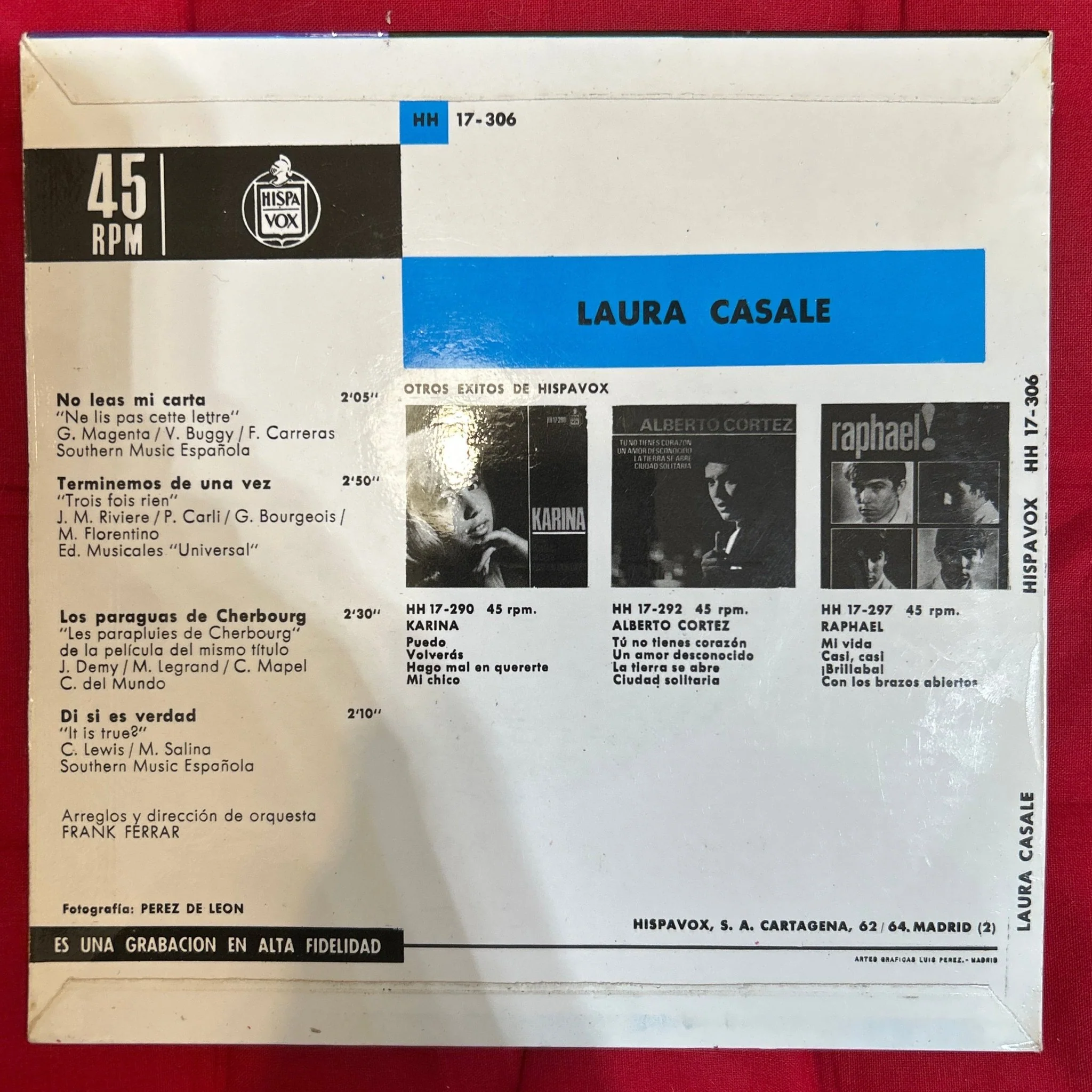 SINGLE Laura Casale ‎– No Leas Mi Carta / Terminemos De Una Vez / Los Paraguas De Cherbourg / Di Si Es Verdad 2ª mano - Image 2