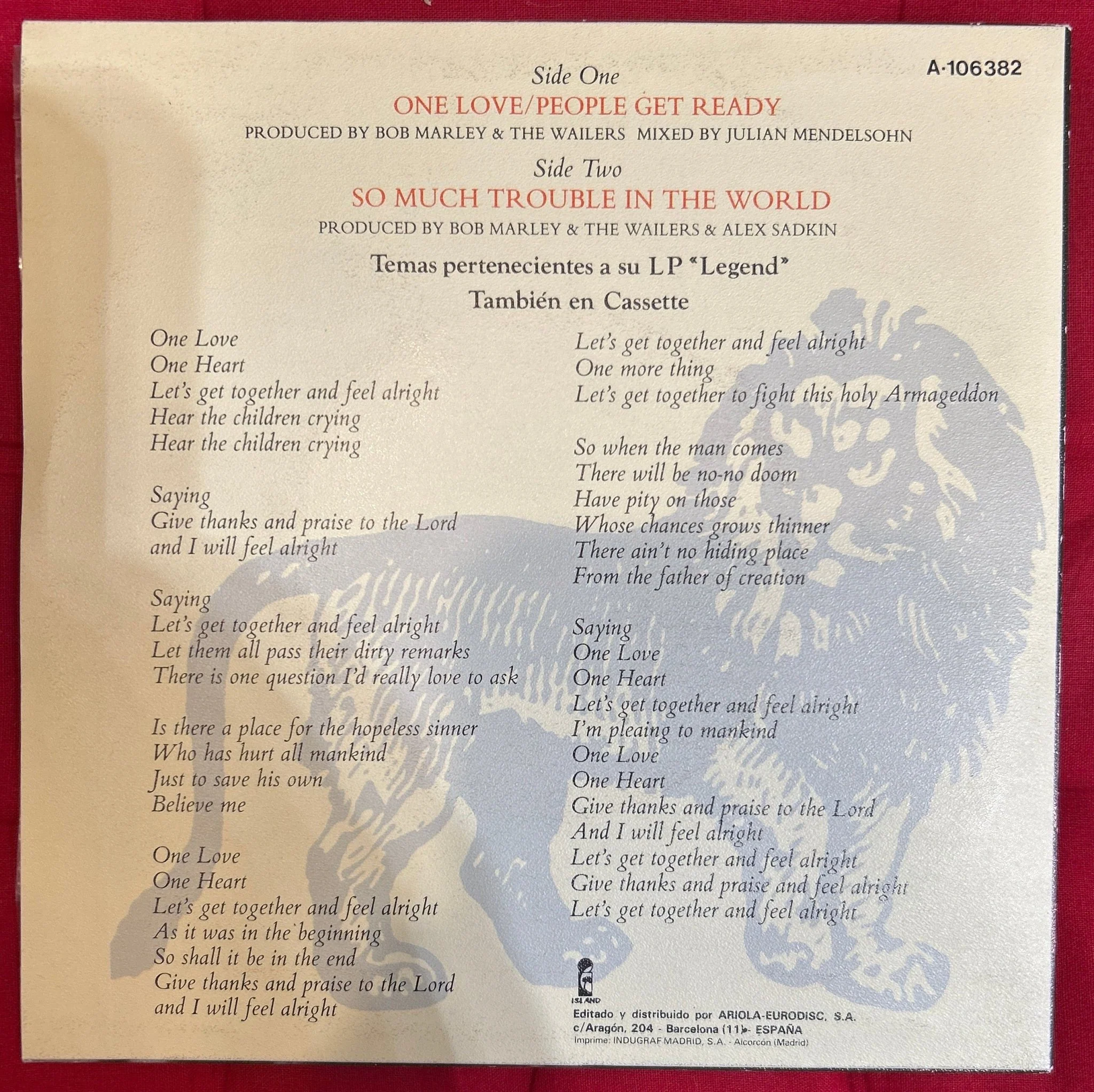 SINGLE Bob Marley And The Wailers ‎– One Love / People Get Ready 2ª mano - Image 2