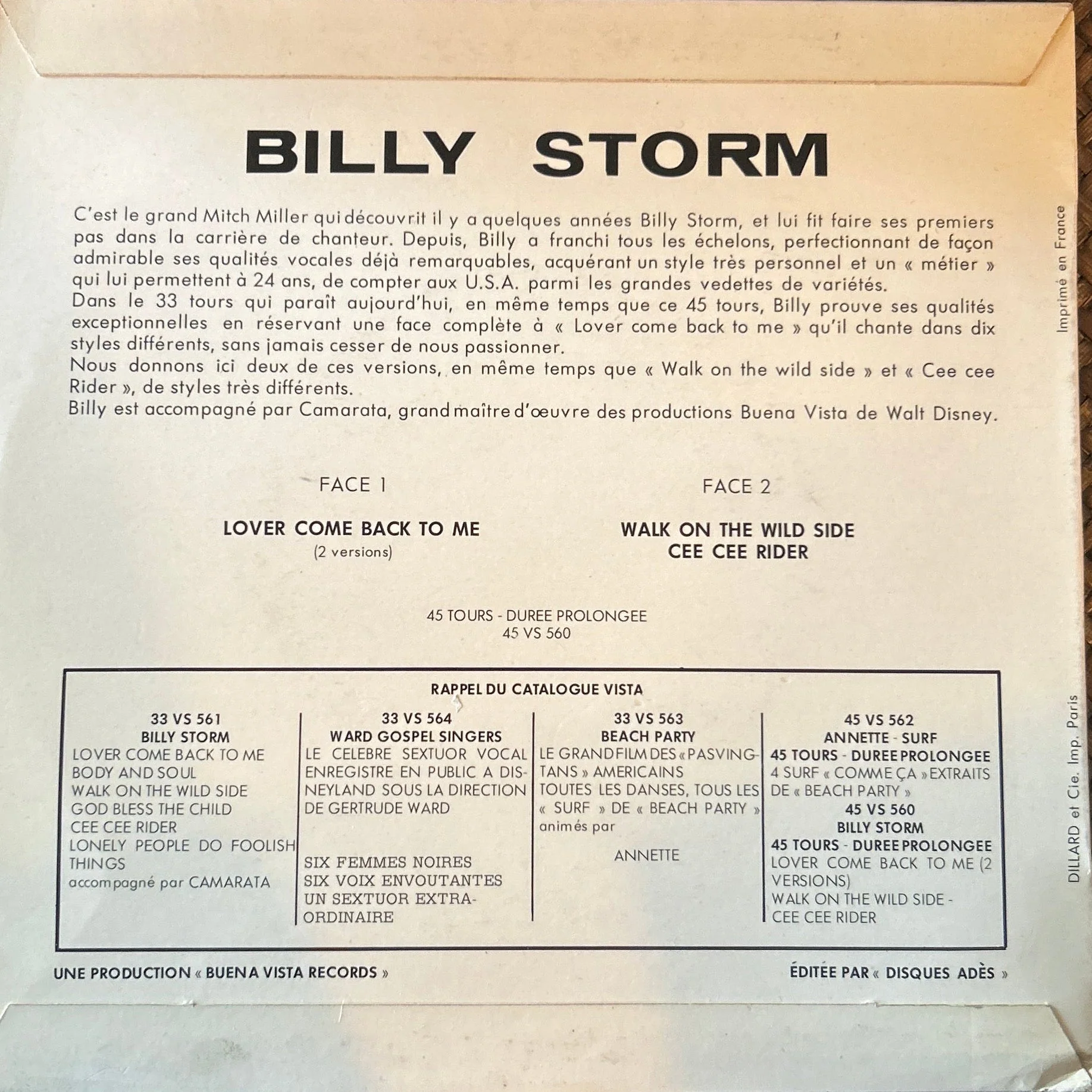 SINGLE Billy Storm – Lover Come Back To Me 2ª Mano - Image 2