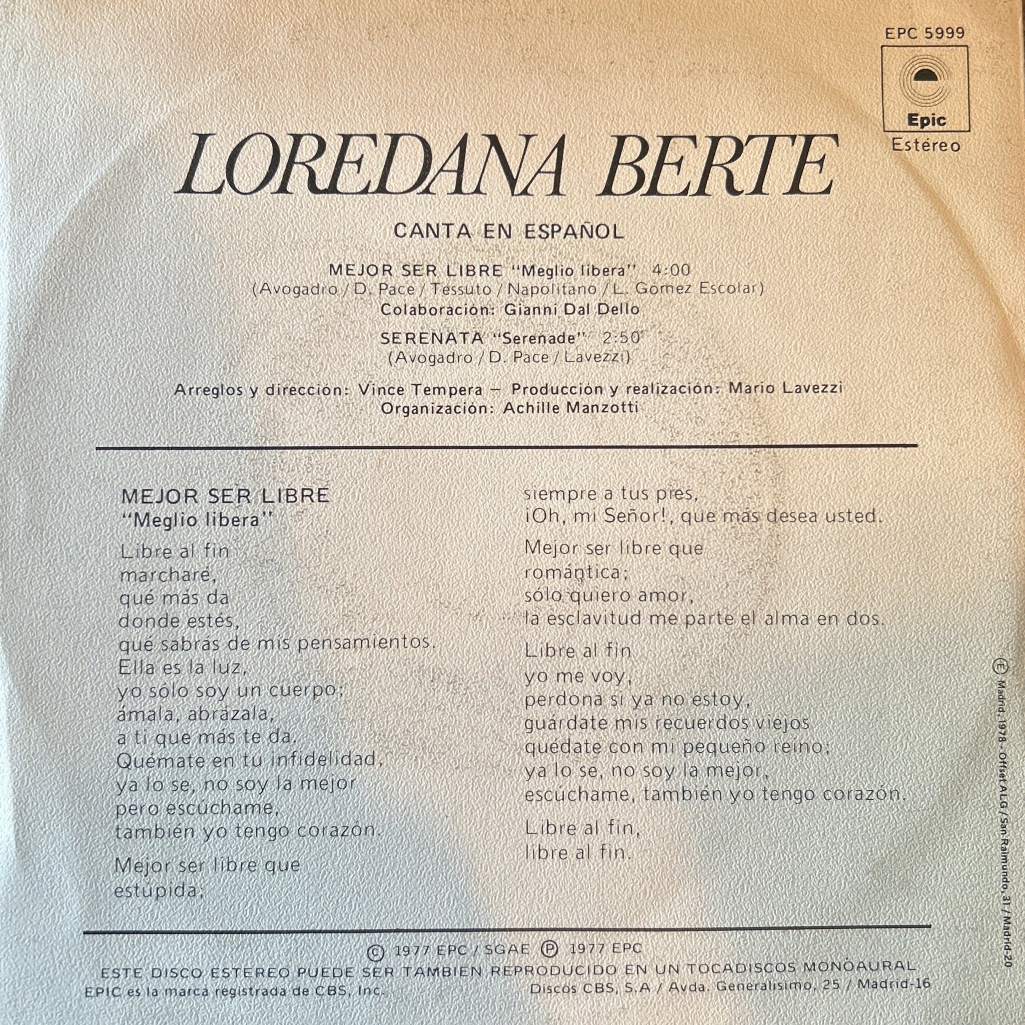 SINGLE Loredana Berte – Mejor Ser Libre 2ª Mano - Image 2